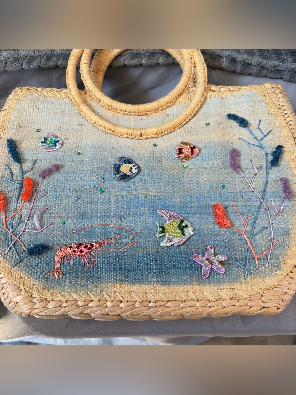 Cappelli Straworld Beige Straw Tote with Multicolor Embroidered Sea Motifs - Picture 10 of 14